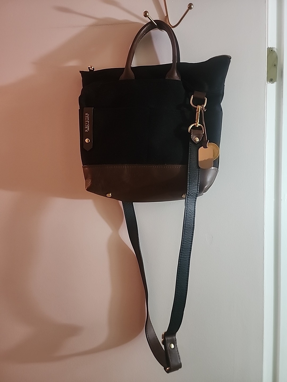 R RIVETER OTTO Black CANVAS WITH Brown LEATHER Women's Tote/Crossbody Bag
